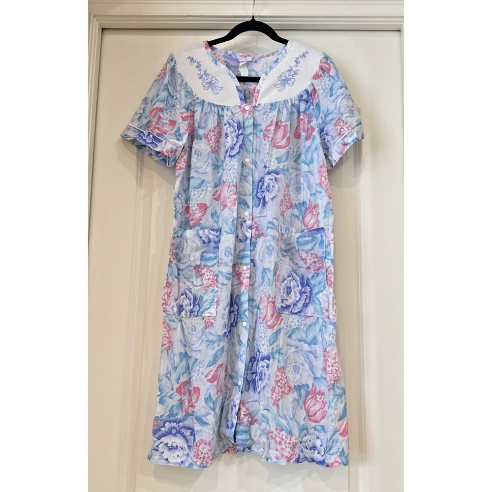VTG Morning‎ news Blue floral Snap up nightgown house coat Sz M Golden Girls